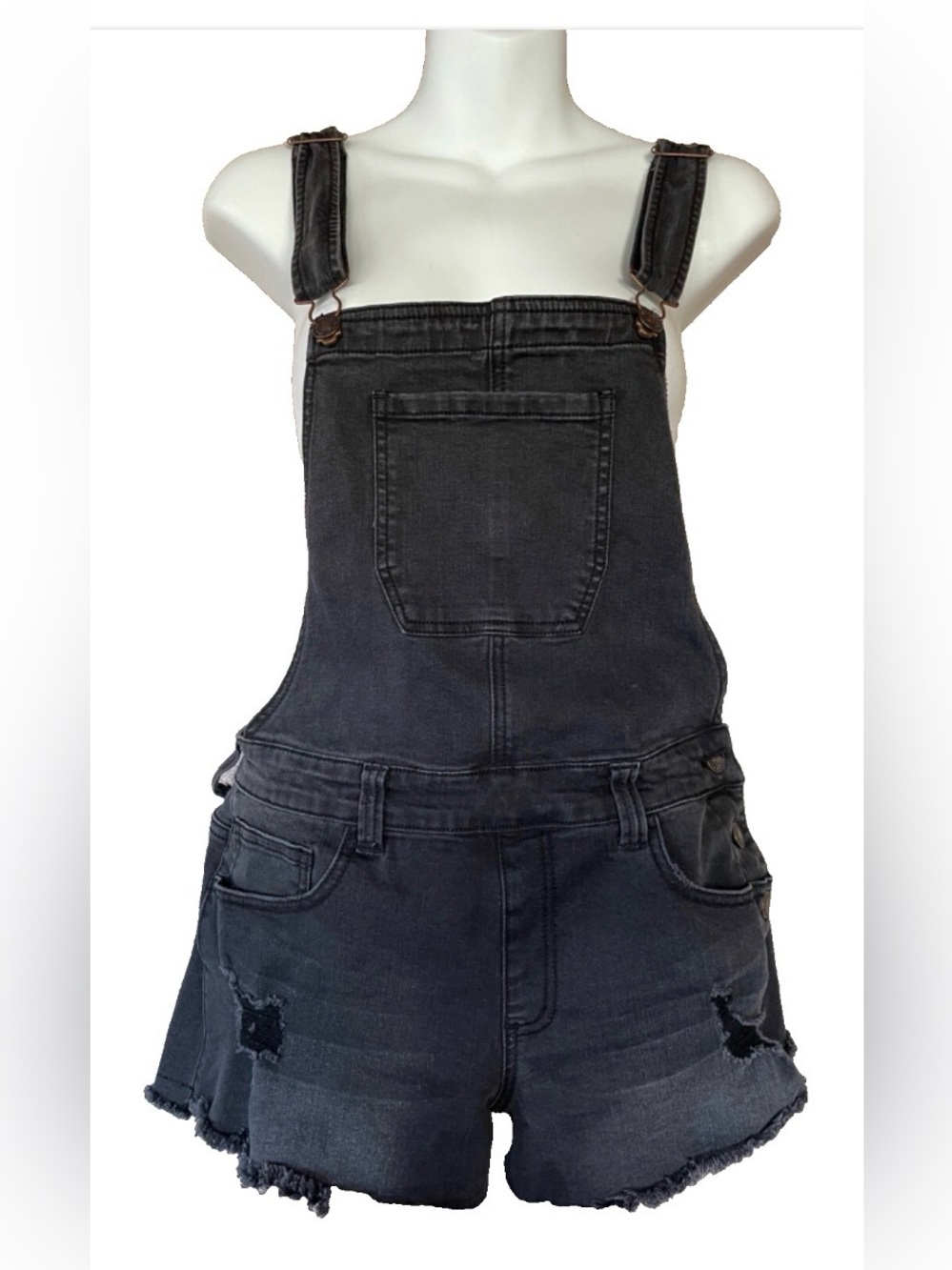 FOREVER 21 LOS Angeles Black DENIM Distressed CUTOFF Style Shortall OVERALLS S